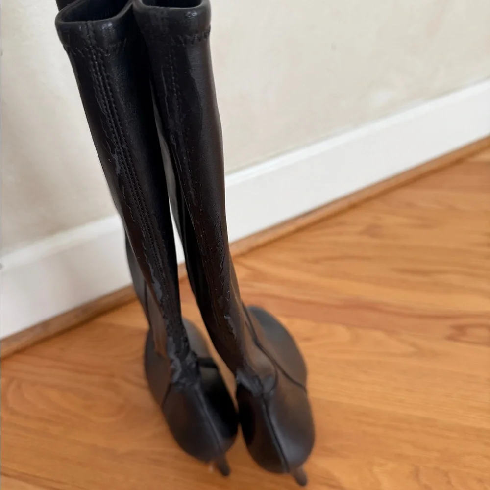 Fall knee high boots black leather heeled booties